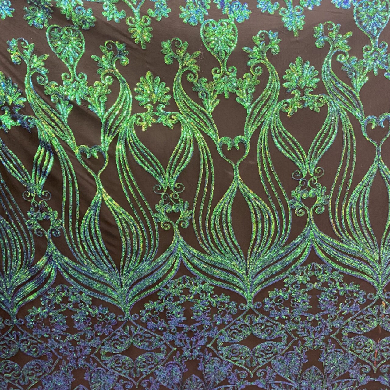 1 Yard Iridescent Green Damask Lace Fabric 48-50” Wide Embroidered Mesh for Evening Wear & Special Occasions